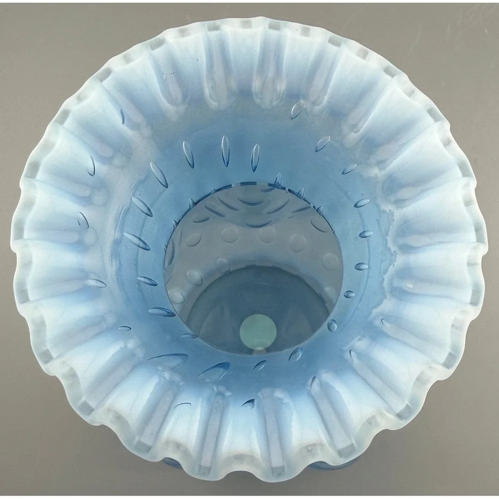 Vintage Fenton Vase Satin Blue Opalescent Optic Dot Pinch Crimped Rim 8